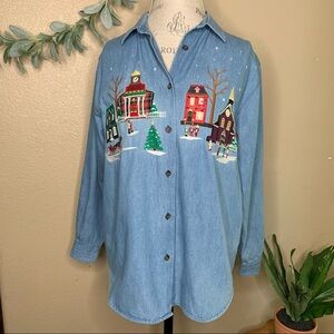 Karen Scott ~ Chambray Embroidered Christmas Long Sleeve Button Down Size PL